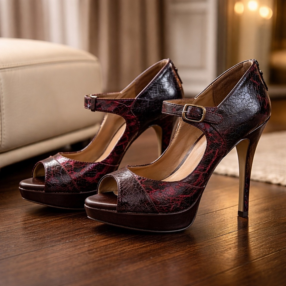 Burgundy Snake Print Platform Stiletto Heels Peep Toe Buckle Leather Textile